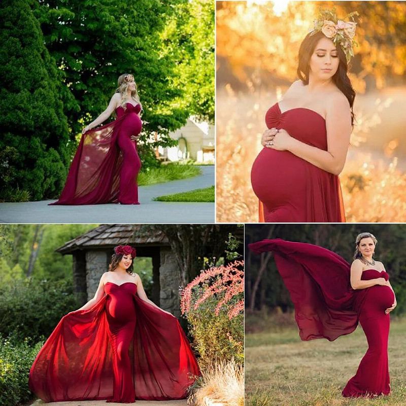 Šifonska haljina za trudnice Seksi haljina s otvorenim ramenima za trudnice Maxi haljina za vjenčanje za fotografije