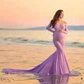 Σέξι φορέματα εγκυμοσύνης χωρίς ώμους για φωτογράφιση έγκυων μάξι φόρεμα εγκυμοσύνης για γυναίκες Baby shower μωβ