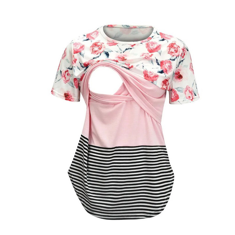Ženska bluza za mamu, trudnička prstenica za trudnice, majica kratkih rukava s prugama s cvjetnim printom, gornji dijelovi za trudnice, ležerna, mekana bluza, majica kratkih rukava
