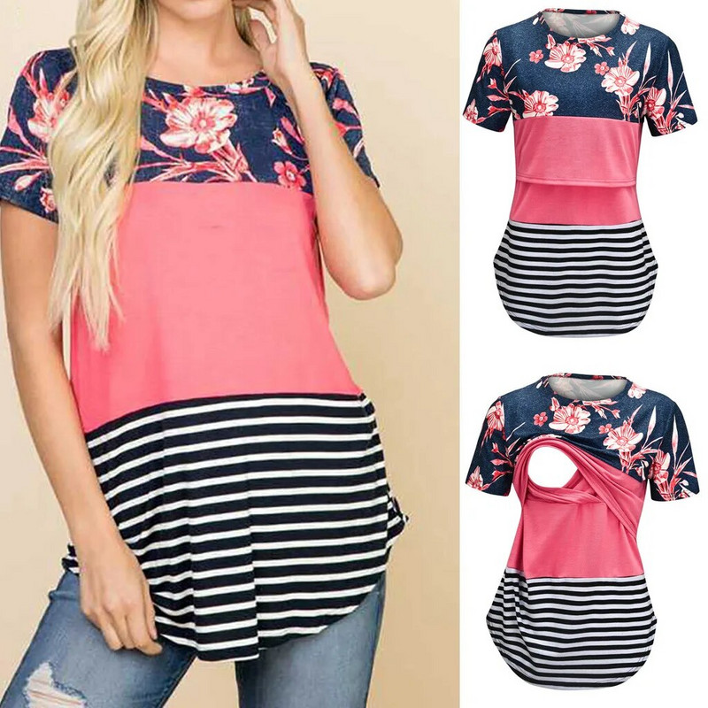 Ženska bluza za mamu, trudnička prstenica za trudnice, majica kratkih rukava s prugama s cvjetnim printom, gornji dijelovi za trudnice, ležerna, mekana bluza, majica kratkih rukava