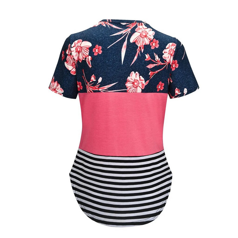 Ženska bluza za mamu, trudnička prstenica za trudnice, majica kratkih rukava s prugama s cvjetnim printom, gornji dijelovi za trudnice, ležerna, mekana bluza, majica kratkih rukava