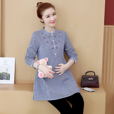 Izšūšana Svītrainas saites Viduklis Grūtnieču blūzes 2020. gada pavasara rudens modes krekli, apģērbi grūtniecēm, topi grūtniecēm