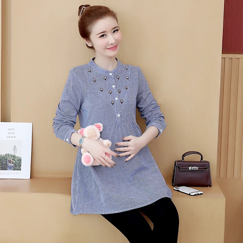 Izšūšana Svītrainas saites Viduklis Grūtnieču blūzes 2020. gada pavasara rudens modes krekli, apģērbi grūtniecēm, topi grūtniecēm