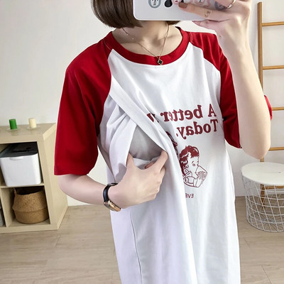 Gornja odjeća za dojenje za trudnice, majica kratkih rukava, tiskana slova, hranjenje s mlijekom, trudnička odjeća 3915