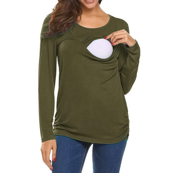 Ρούχα εγκυμοσύνης Μονόχρωμα μπλουζάκια για έγκυο φθινοπωρινό μακρυμάνικο μπλουζάκι που θηλάζει Πουκάμισο εγκυμοσύνης μαμά