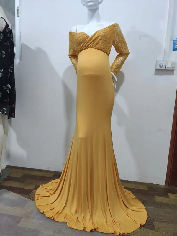 Čipkane pamučne šivane haljine za trudnice Tanka maksi haljina dugih rukava za trudnice Otmjena rekviziti za fotografije Odjeća