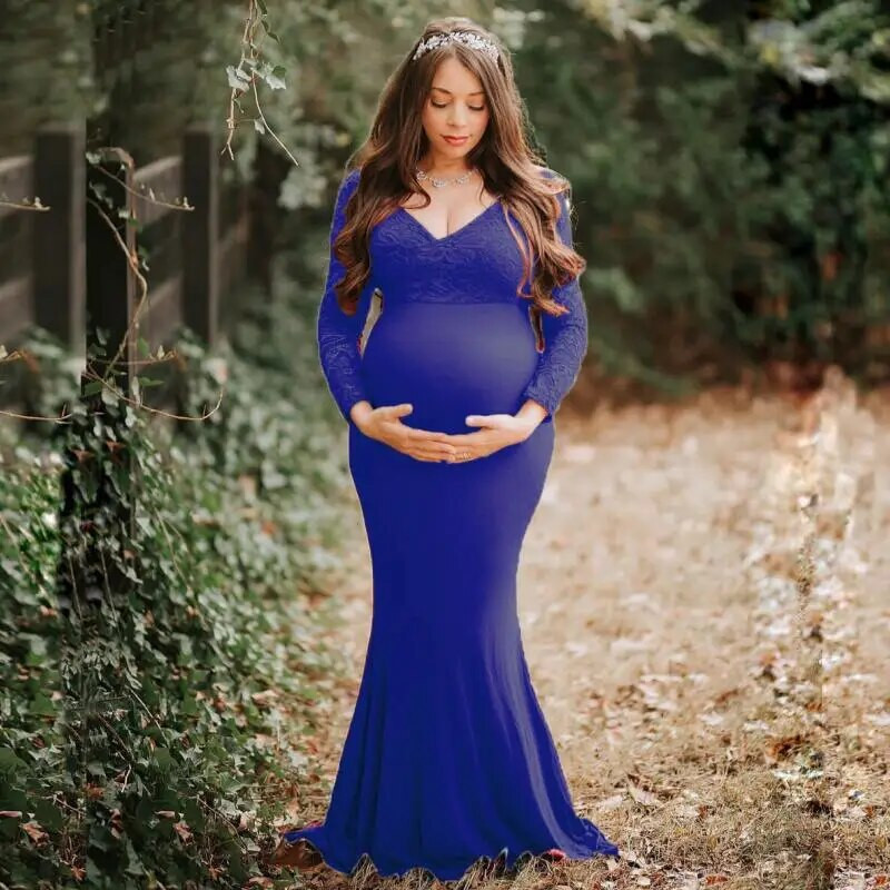 Čipkane pamučne šivane haljine za trudnice Tanka maksi haljina dugih rukava za trudnice Otmjena rekviziti za fotografije Odjeća