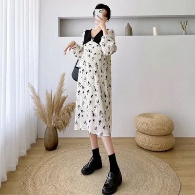 211# Jesenska korejska modna duga haljina od šifona s cvjetnim otiskom Elegantna odjeća za trudnice nakon poroda