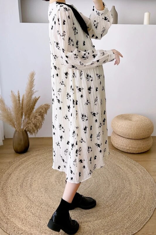 211# Jesenska korejska modna duga haljina od šifona s cvjetnim otiskom Elegantna odjeća za trudnice nakon poroda