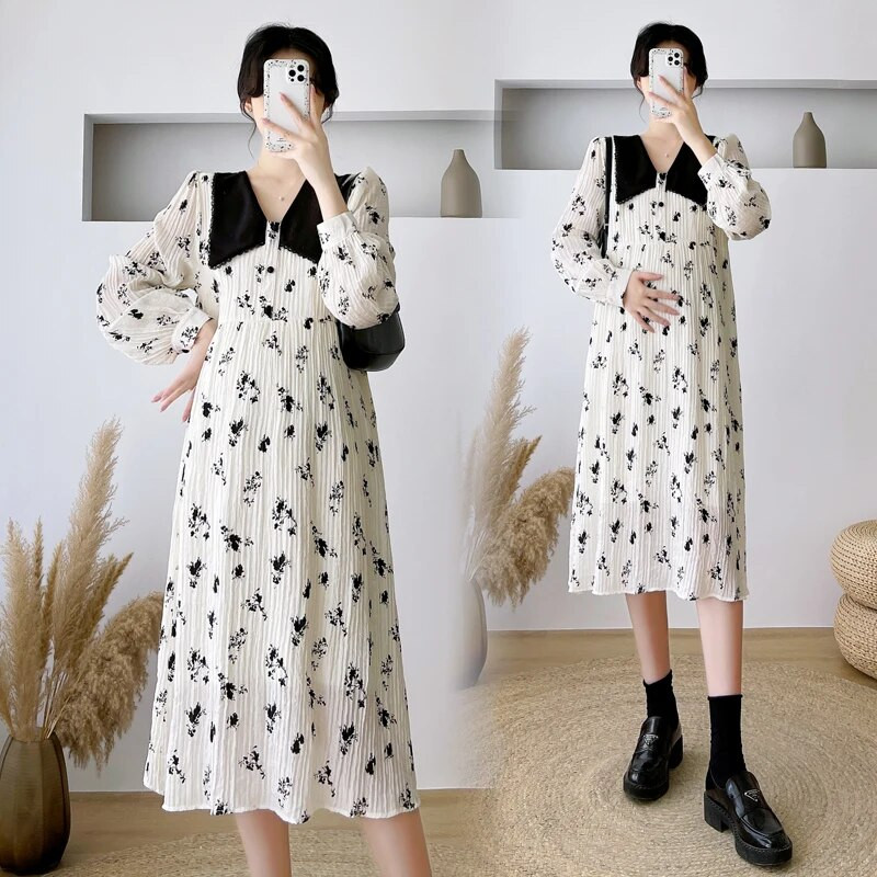 211# Jesenska korejska modna duga haljina od šifona s cvjetnim otiskom Elegantna odjeća za trudnice nakon poroda