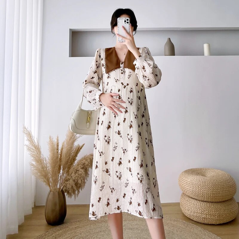 211# Jesenska korejska modna duga haljina od šifona s cvjetnim otiskom Elegantna odjeća za trudnice nakon poroda