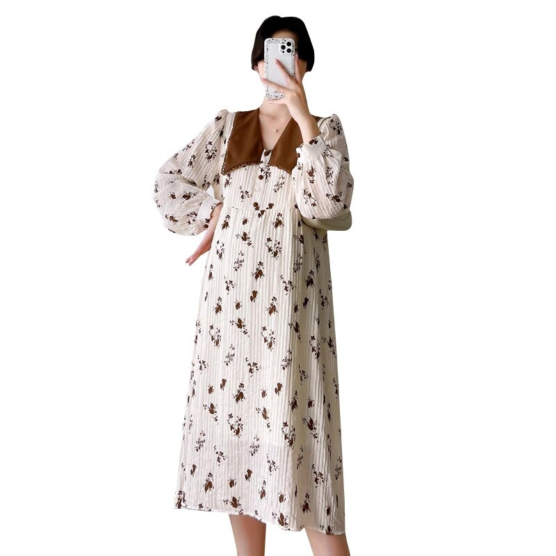 211# Jesenska korejska modna duga haljina od šifona s cvjetnim otiskom Elegantna odjeća za trudnice nakon poroda