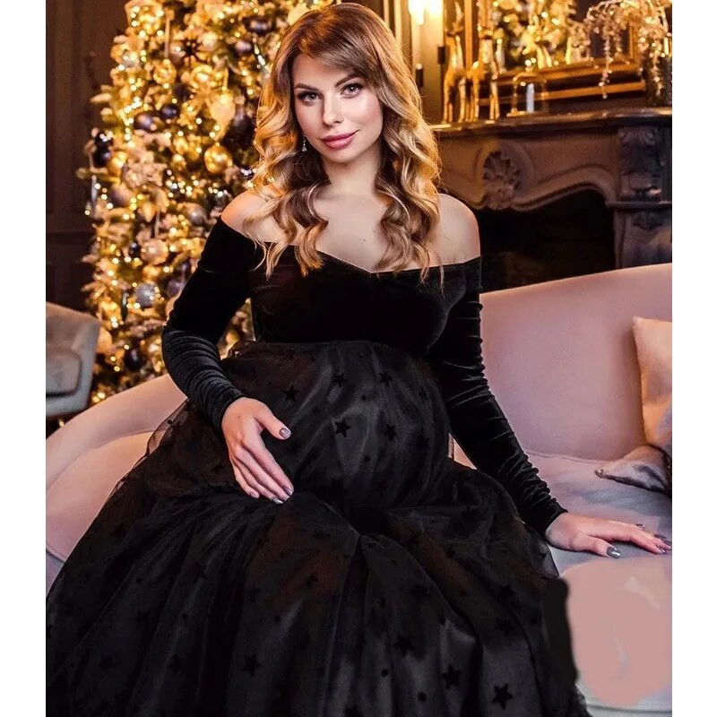 Juodos seksualios motinystės vakarinės suknelės kūdikių vakarėliams iš tiulio nėščių moterų nėštumų fotosesija Maxi suknelės fotografijos rekvizitas