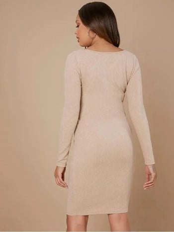 Knit Pregnant Womens V Neck Belted Bodycon φόρεμα Shooting Εγκυμοσύνη στενή μακρυμάνικη ελαστική φούστα για casual ρούχα εγκυμοσύνης