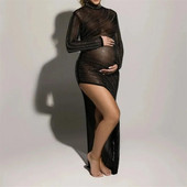 Seksi duga haljina za trudnice sa vještačkim dijamantima, dugih rukava, sjajni kristali, haljina za fotografije trudnica