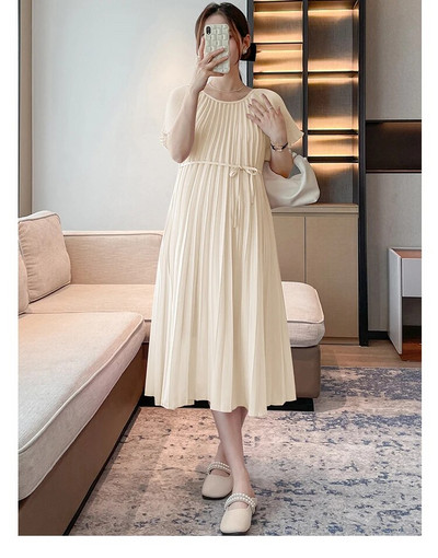 Bež ružičasta ljetna plisirana haljina za trudnice veće veličine Trudnička haljina od šifona do sredine potkoljenice Trudnička odjeća s remenom na veliko