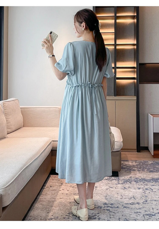 Bež ružičasta ljetna plisirana haljina za trudnice veće veličine Trudnička haljina od šifona do sredine potkoljenice Trudnička odjeća s remenom na veliko