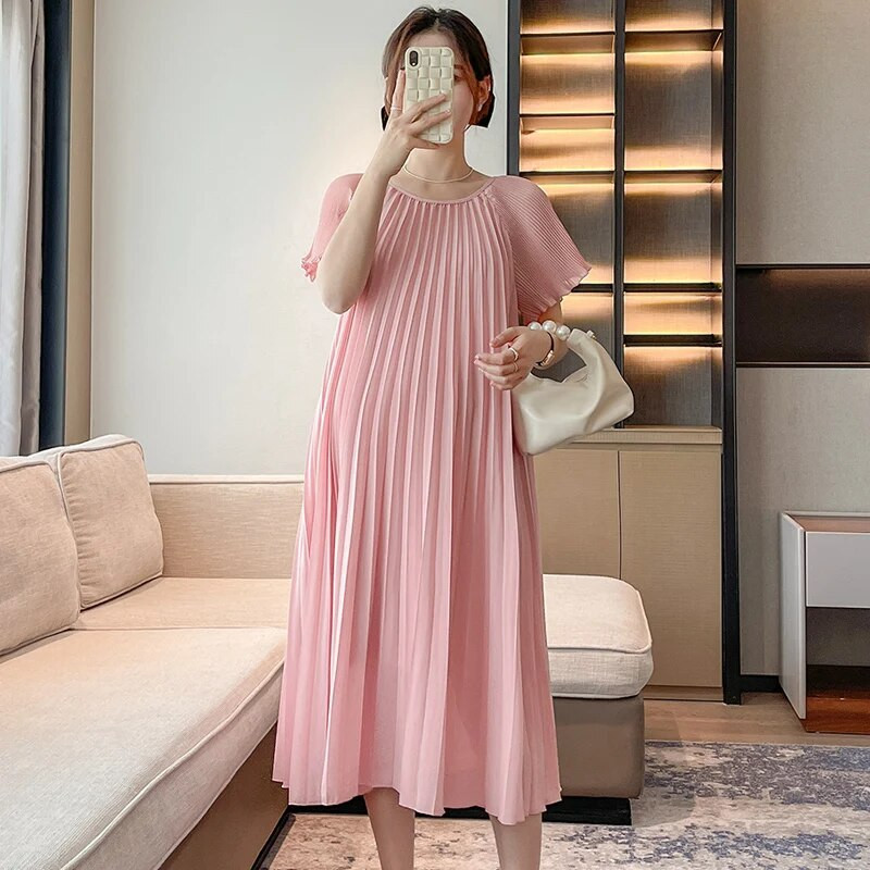 Bež ružičasta ljetna plisirana haljina za trudnice veće veličine Trudnička haljina od šifona do sredine potkoljenice Trudnička odjeća s remenom na veliko