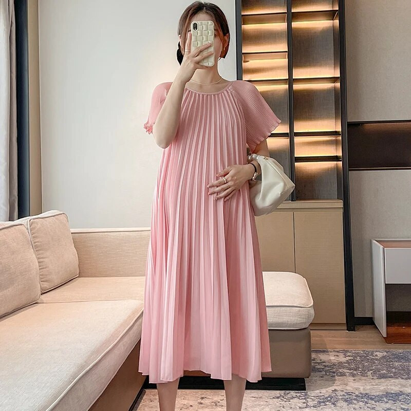 Bež ružičasta ljetna plisirana haljina za trudnice veće veličine Trudnička haljina od šifona do sredine potkoljenice Trudnička odjeća s remenom na veliko