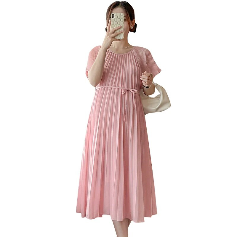 Bež ružičasta ljetna plisirana haljina za trudnice veće veličine Trudnička haljina od šifona do sredine potkoljenice Trudnička odjeća s remenom na veliko
