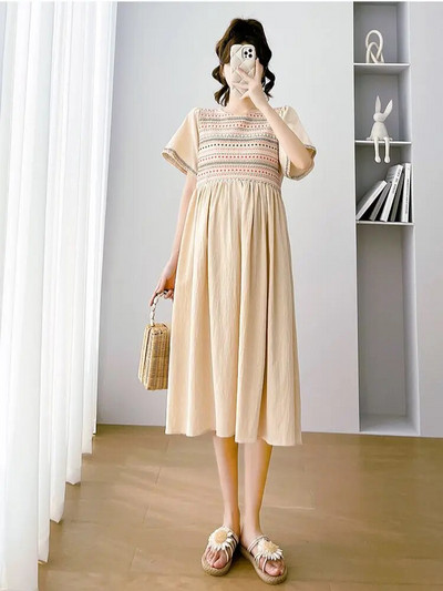 2023 m. vasaros nėščiųjų siuvinėjimo suknelė trumpomis rankovėmis kvadratine apykakle aukštu juosmeniu nėščios moters paplūdimio suknelė laisvi nėštumo drabužiai