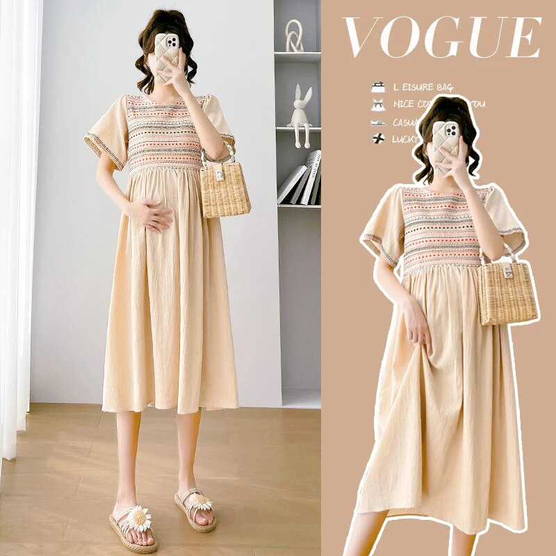 2023 m. vasaros nėščiųjų siuvinėjimo suknelė trumpomis rankovėmis kvadratine apykakle aukštu juosmeniu nėščios moters paplūdimio suknelė laisvi nėštumo drabužiai