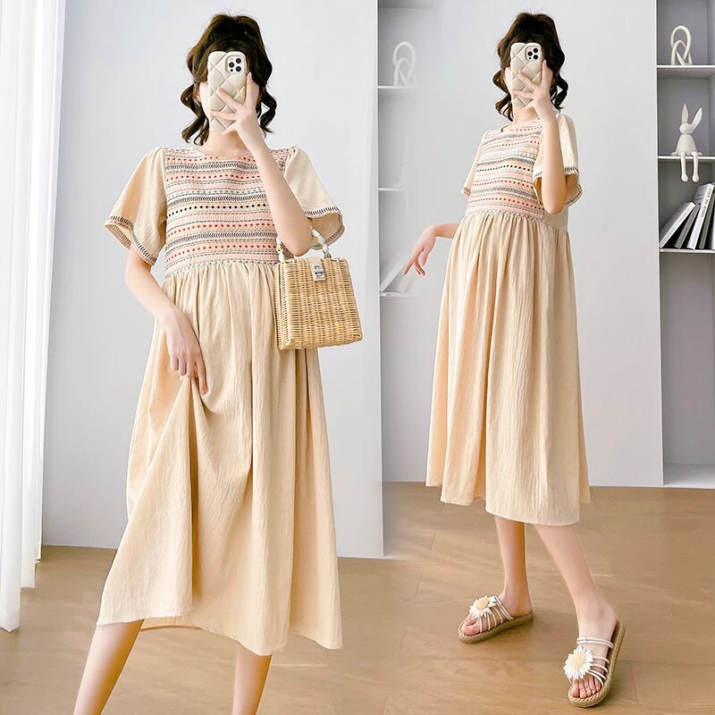 2023 m. vasaros nėščiųjų siuvinėjimo suknelė trumpomis rankovėmis kvadratine apykakle aukštu juosmeniu nėščios moters paplūdimio suknelė laisvi nėštumo drabužiai