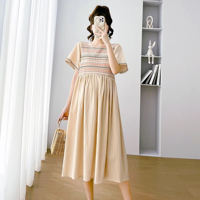 2023 m. vasaros nėščiųjų siuvinėjimo suknelė trumpomis rankovėmis kvadratine apykakle aukštu juosmeniu nėščios moters paplūdimio suknelė laisvi nėštumo drabužiai