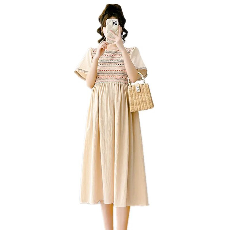 2023 m. vasaros nėščiųjų siuvinėjimo suknelė trumpomis rankovėmis kvadratine apykakle aukštu juosmeniu nėščios moters paplūdimio suknelė laisvi nėštumo drabužiai