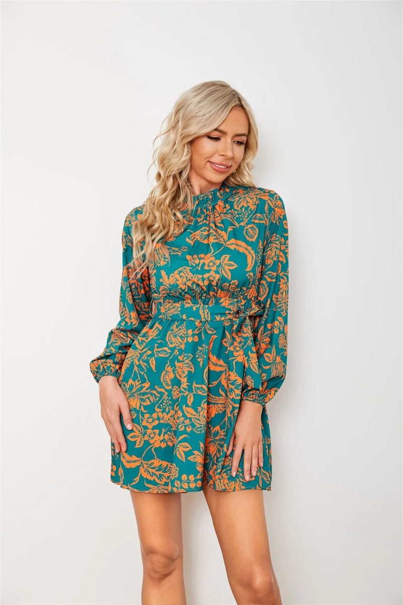 Missuoo 2023 uus stiilne trükitud pikkade varrukatega, ümara kaelusega pitsiga kõrge vöökohaga minikleidid naistele. Igapäevane elegantne peokleit