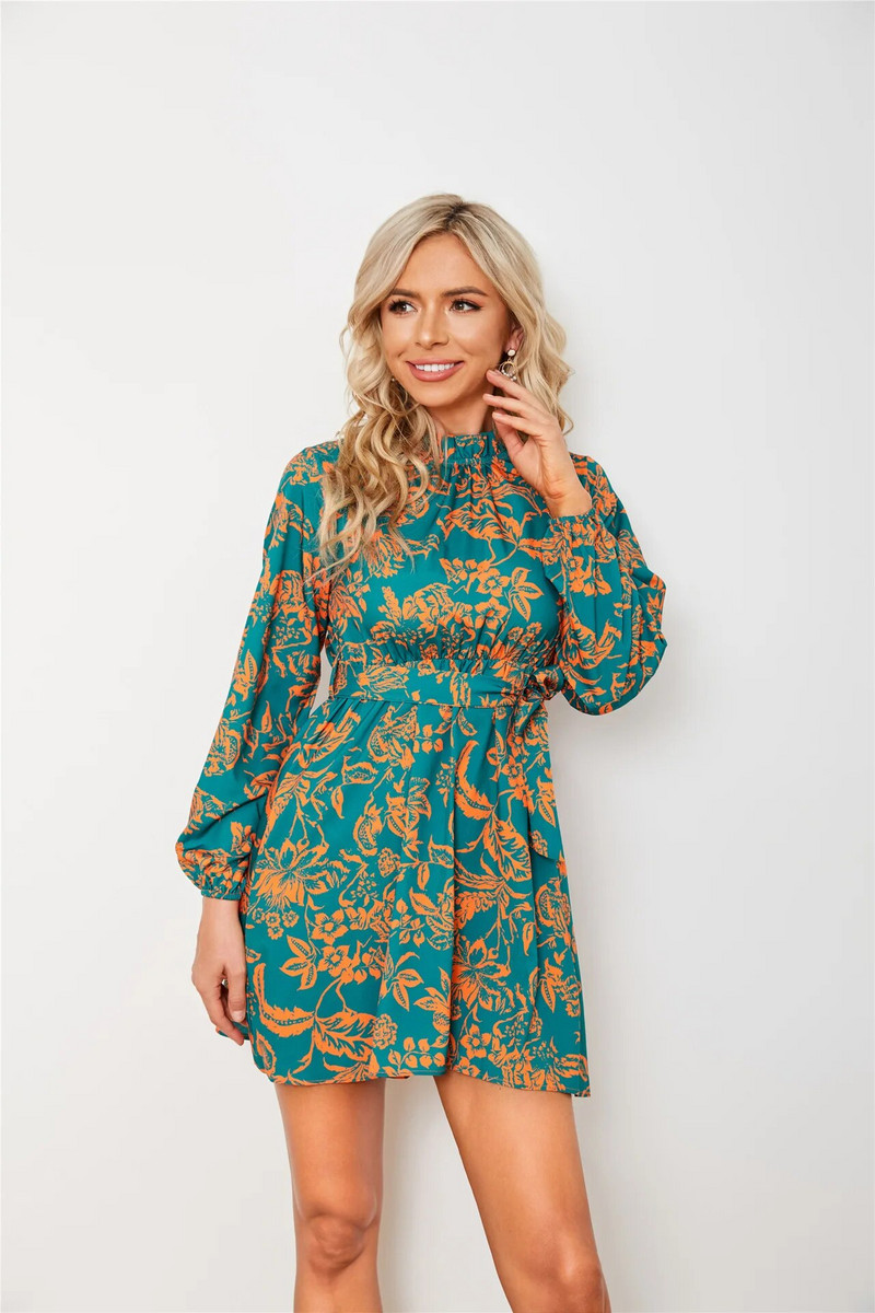 Missuoo 2023 uus stiilne trükitud pikkade varrukatega, ümara kaelusega pitsiga kõrge vöökohaga minikleidid naistele. Igapäevane elegantne peokleit