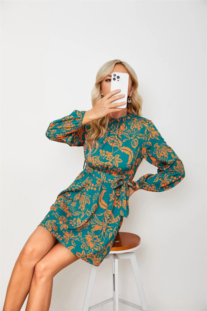 Missuoo 2023 uus stiilne trükitud pikkade varrukatega, ümara kaelusega pitsiga kõrge vöökohaga minikleidid naistele. Igapäevane elegantne peokleit