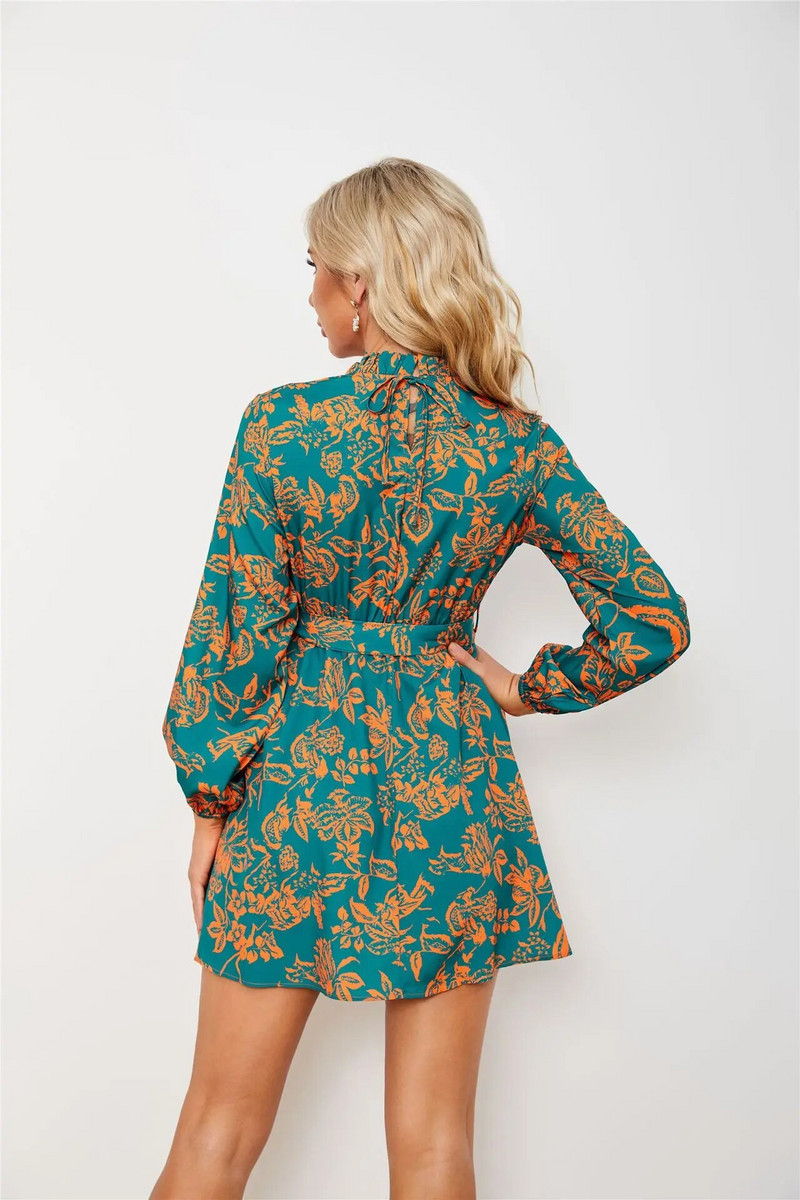 Missuoo 2023 uus stiilne trükitud pikkade varrukatega, ümara kaelusega pitsiga kõrge vöökohaga minikleidid naistele. Igapäevane elegantne peokleit