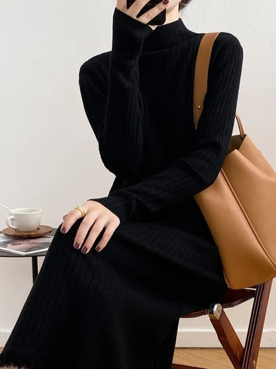 Elegáns női ruhák 2023 ősz tél új hosszú ujjú kötött ruha Koreai divat Bojtok Vintage tömör pulóver ruha