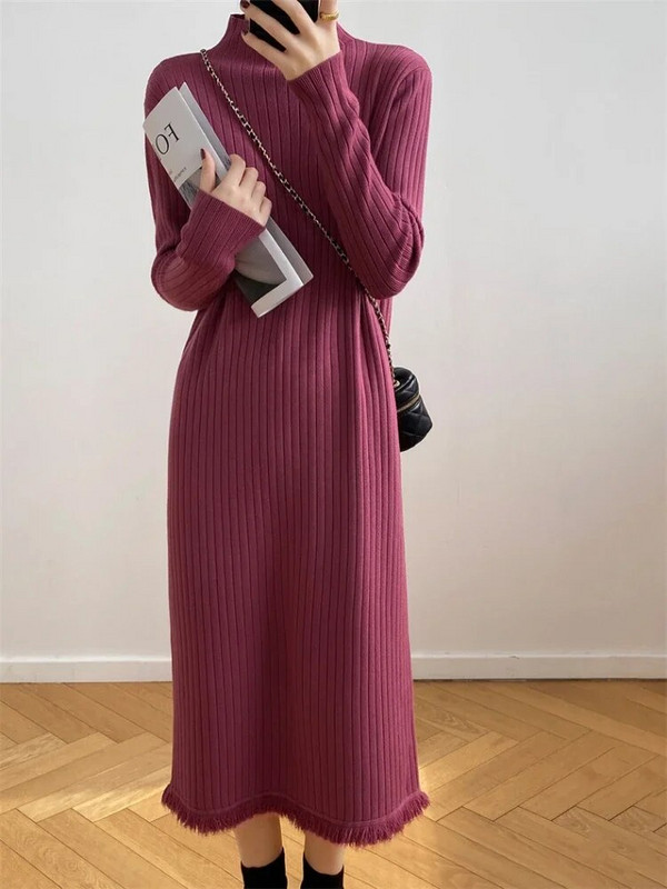 Elegáns női ruhák 2023 ősz tél új hosszú ujjú kötött ruha Koreai divat Bojtok Vintage tömör pulóver ruha