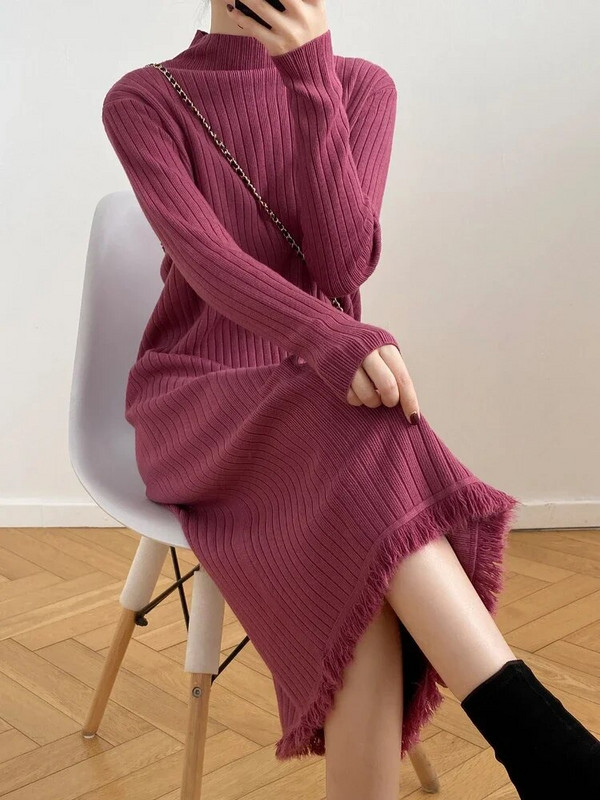 Elegáns női ruhák 2023 ősz tél új hosszú ujjú kötött ruha Koreai divat Bojtok Vintage tömör pulóver ruha