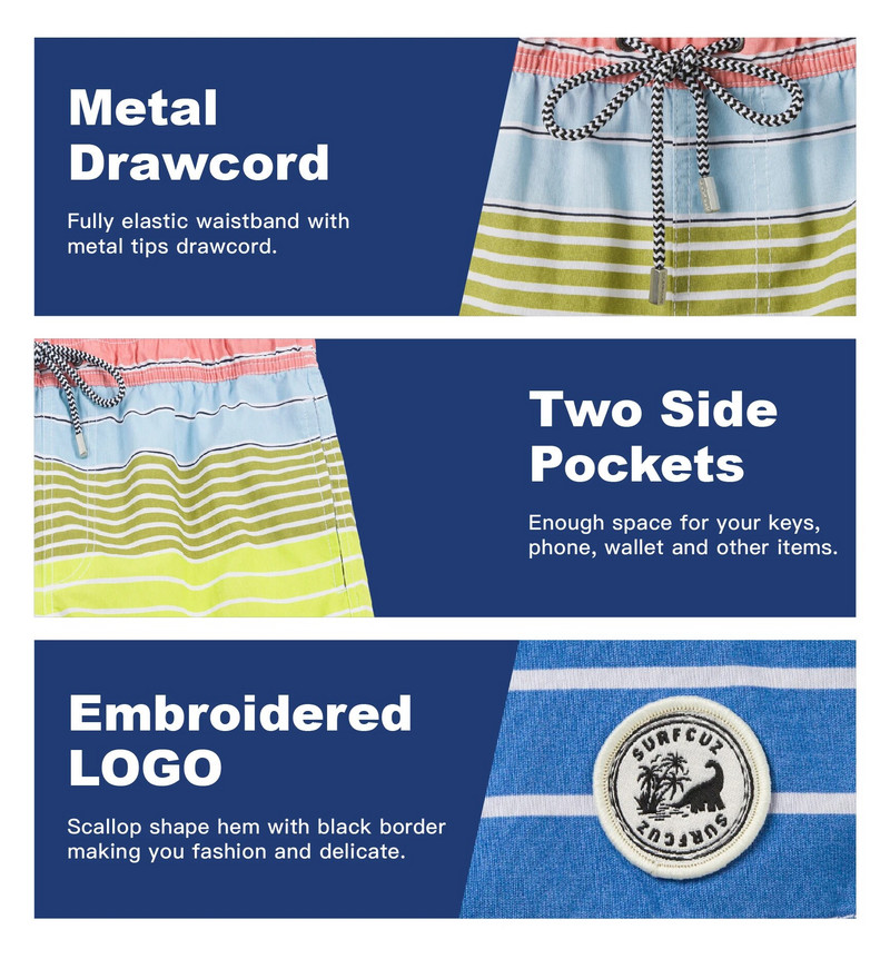 SURFCUZ Muške kratke hlače za kupanje na pruge Brzo sušeće kratke hlače za plažu s mrežastom postavom Ljetni muški kupaći kostimi Kupaće gaće za muškarce