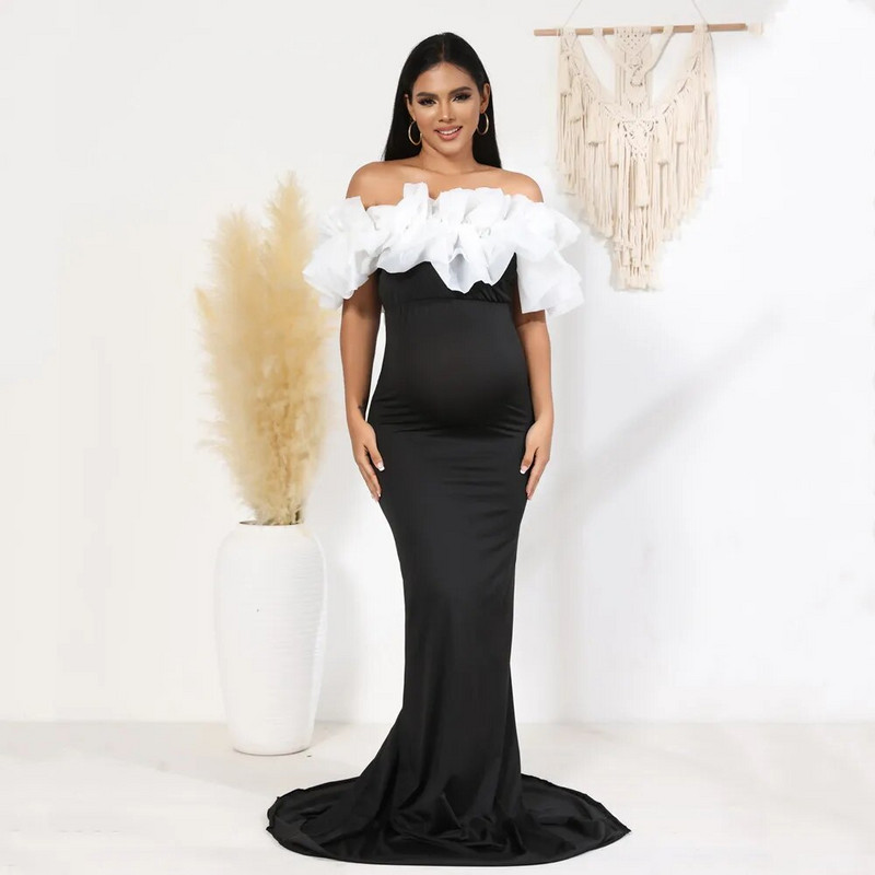 Nyakú fodros kismama fotózási ruha rugalmas, vékony babazuhanyzós hosszú ruha terhes nőnek maxi ruha