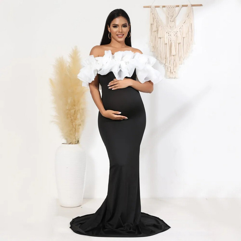 Nyakú fodros kismama fotózási ruha rugalmas, vékony babazuhanyzós hosszú ruha terhes nőnek maxi ruha