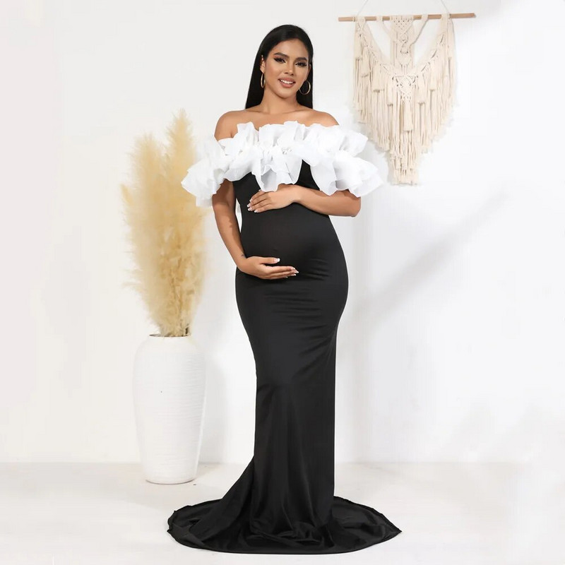 Nyakú fodros kismama fotózási ruha rugalmas, vékony babazuhanyzós hosszú ruha terhes nőnek maxi ruha