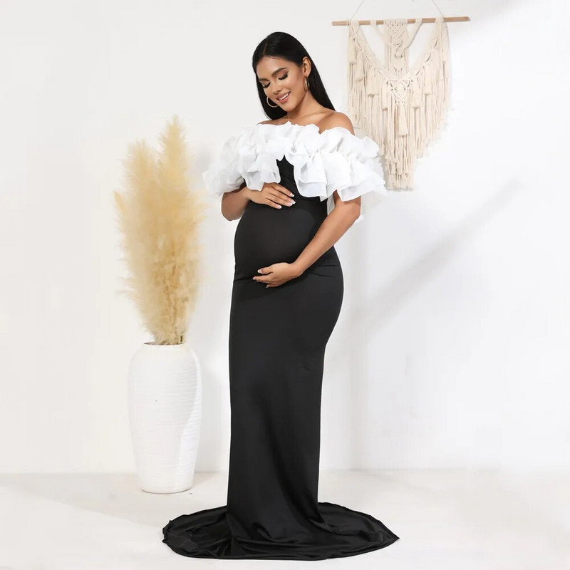 Nyakú fodros kismama fotózási ruha rugalmas, vékony babazuhanyzós hosszú ruha terhes nőnek maxi ruha