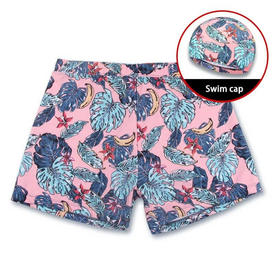 Vīriešu pusaudžu peldkostīmu komplekts ar apdruku, ātri nožūstoši peldšorti, boksercepure, cepure Beach Seaside, peldkostīmi, peldkostīmi ar spiedpogu