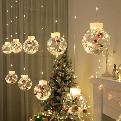 Коледни светлини за завеси, окачена коледна елха с топка за пожелания, светлини за декорация на прозорци, празнична украса светлини от медна тел