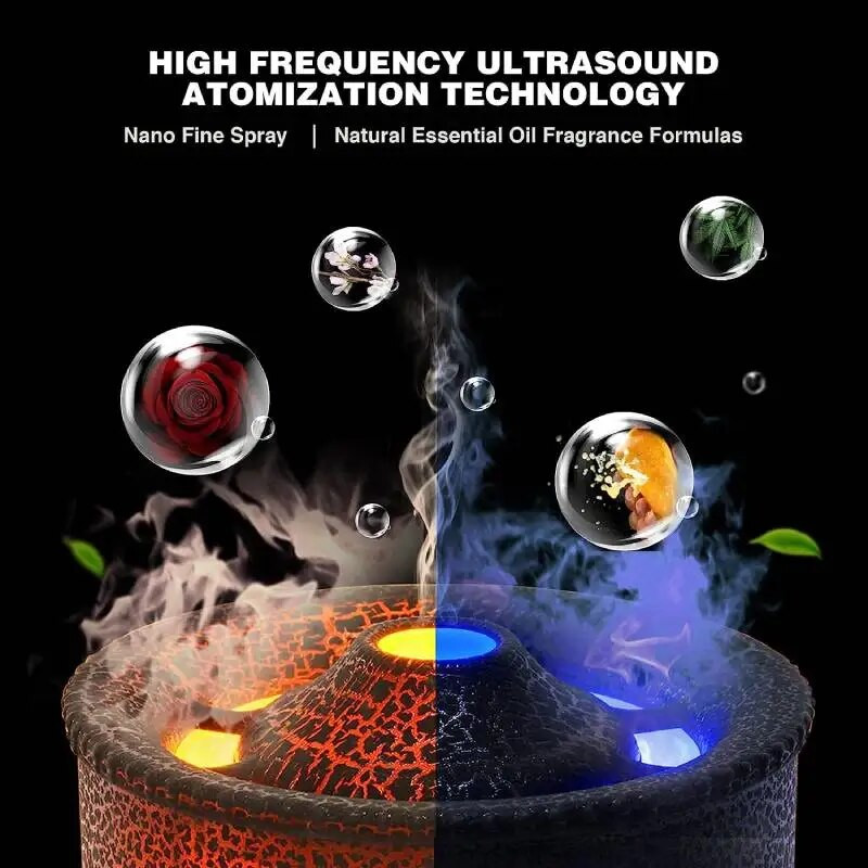 REUP – difuzorius d`huile essentielle avec anneau de fumée, petite lampe de nuit, moidificateur d`air, arôme de flamme vulcanique