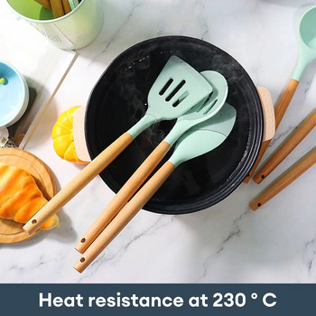 12τμχ Ξύλινη λαβή σιλικόνης σκεύη κουζίνας Ανθεκτικά σε υψηλές θερμοκρασίες και αντικολλητική κατσαρόλα Σπάτουλα και κουτάλι με κουβά αποθήκευσης