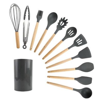 12 komada silikonskog kuhinjskog pribora s drvenom drškom otpornog na visoke temperature i neljepljivog lonca Lopatica i žlica s kantom za pohranu