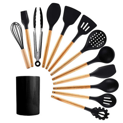 12 komada silikonskog kuhinjskog pribora s drvenom drškom otpornog na visoke temperature i neljepljivog lonca Lopatica i žlica s kantom za pohranu