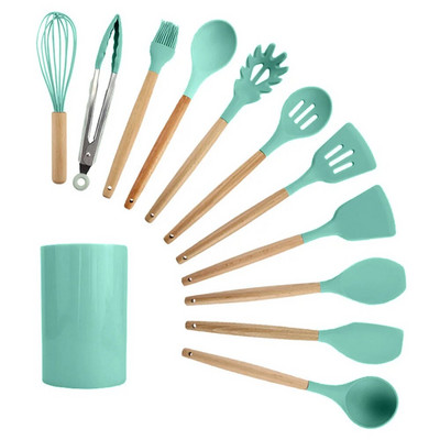 12 komada silikonskog kuhinjskog pribora s drvenom drškom otpornog na visoke temperature i neljepljivog lonca Lopatica i žlica s kantom za pohranu