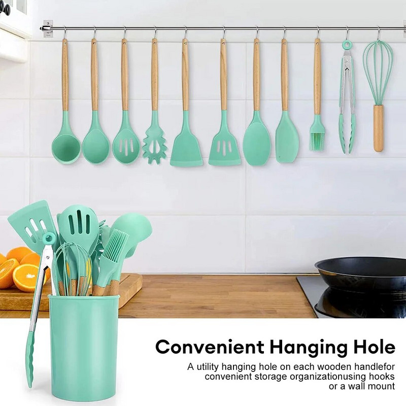 12 komada silikonskog kuhinjskog pribora s drvenom drškom otpornog na visoke temperature i neljepljivog lonca Lopatica i žlica s kantom za pohranu