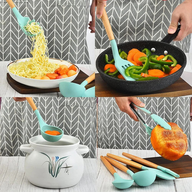 12 komada silikonskog kuhinjskog pribora s drvenom drškom otpornog na visoke temperature i neljepljivog lonca Lopatica i žlica s kantom za pohranu